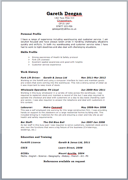 Free Cv Template Childcare  Warehouse CV - jobfox.co.uk